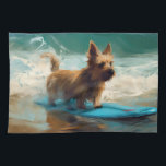 Australian Terrier Beach Surfing Painting  Tea Towel<br><div class="desc">Immerse yourself in the playful world of canine adventure with this captivating painting. A spirited dog takes to the waves, skilfully riding the surf on a sun-kissed beach. The vibrant artwork beautifully captures the essence of beachside excitement as the dog fearlessly rides the waves, embodying the spirit of fun and...</div>