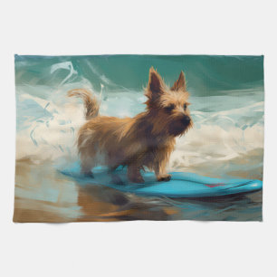 Australian Terrier Beach Surfing Painting  Tea Towel