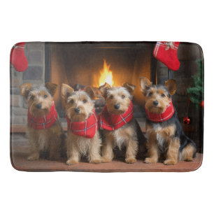 Australian Terrier by the Fireplace Christmas Bath Mat