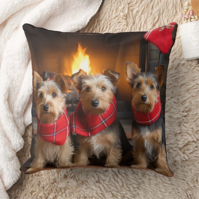 Australian Terrier by the Fireplace Christmas Cushion (Blanket)