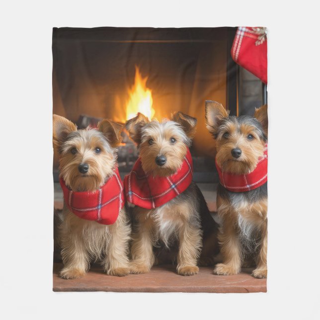 Australian Terrier by the Fireplace Christmas Fleece Blanket (Front)