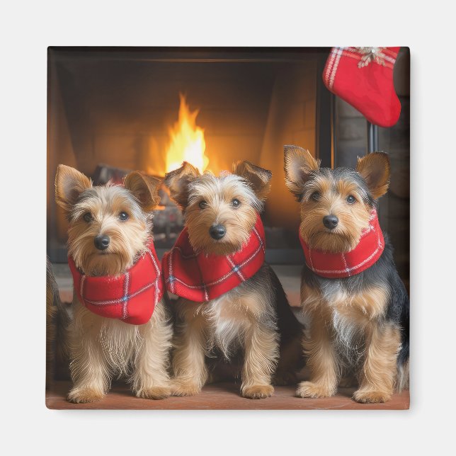 Australian Terrier by the Fireplace Christmas Magnet (Front)