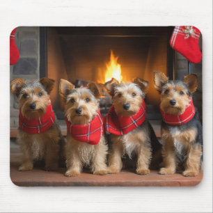 Australian Terrier by the Fireplace Christmas Mouse Pad