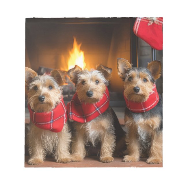 Australian Terrier by the Fireplace Christmas Notepad (Front)