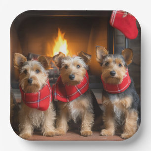 Australian Terrier by the Fireplace Christmas Paper Plate