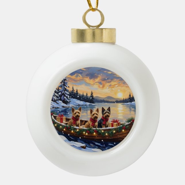 Australian Terrier Christmas Boat Holiday Ceramic Ball Christmas Ornament (Front)