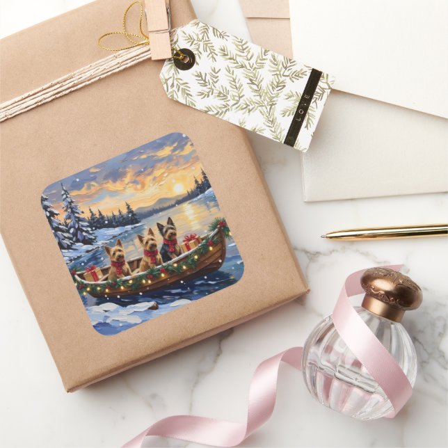 Australian Terrier Christmas Boat Holiday Square Sticker (Gifting)