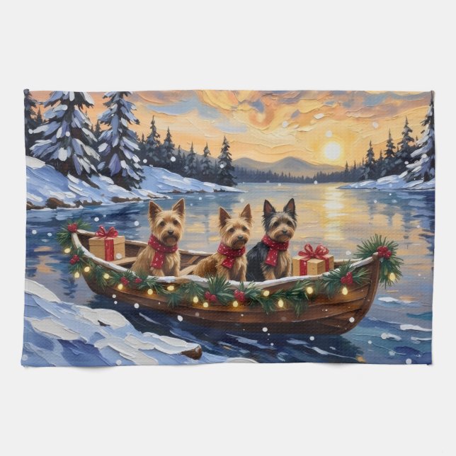 Australian Terrier Christmas Boat Holiday Tea Towel (Horizontal)
