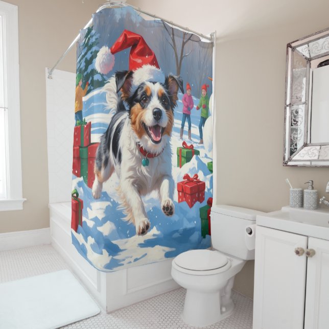 Australian Terrier Christmas Festive Snow Scene Shower Curtain (In Situ)