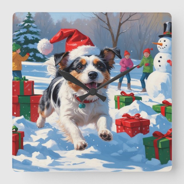 Australian Terrier Christmas Festive Snow Scene Square Wall Clock (Front)