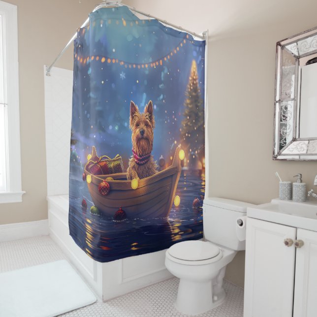 Australian Terrier Christmas Festive Voyage Shower Curtain (In Situ)