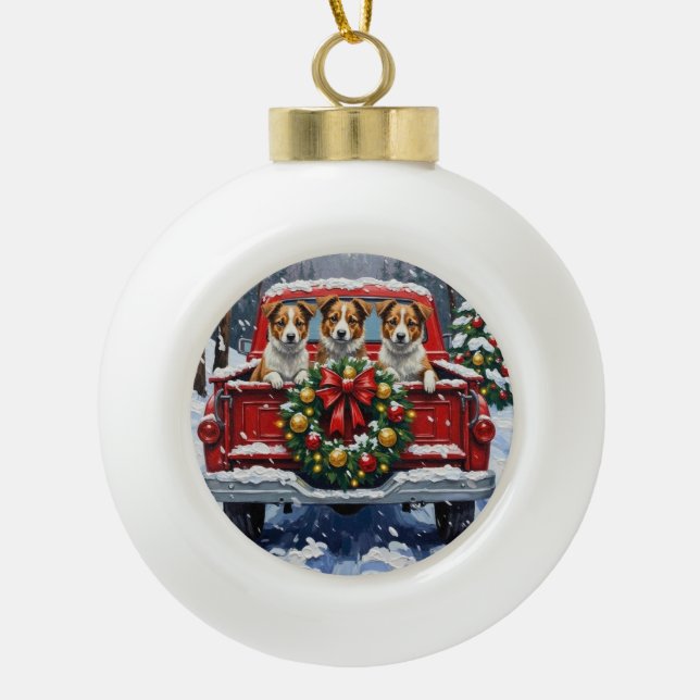 Australian Terrier Christmas Red Truck Holiday Ceramic Ball Christmas Ornament (Front)