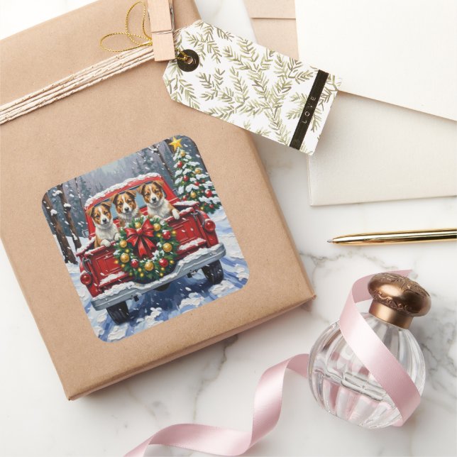 Australian Terrier Christmas Red Truck Holiday Square Sticker (Gifting)