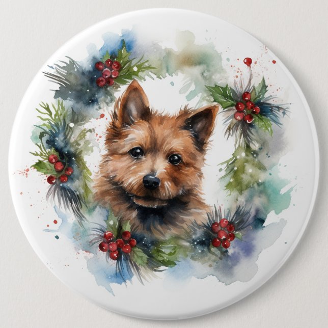 Australian Terrier Christmas Wreath Festive Pup  6 Cm Round Badge (Front)