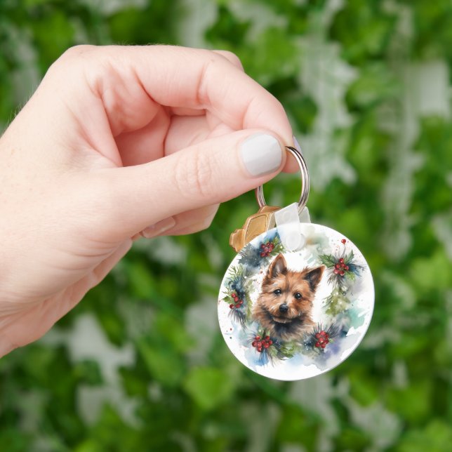 Australian Terrier Christmas Wreath Festive Pup  Key Ring (Hand)