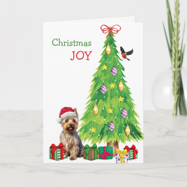 Australian Terrier Dog, Bird and Christmas Tree Holiday Card (Front)