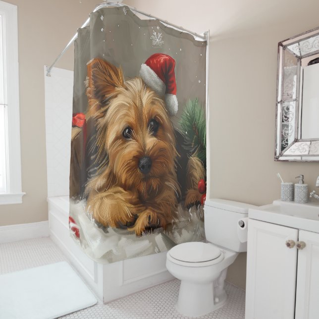 Australian Terrier Dog Christmas Festive Shower Curtain (In Situ)