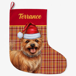 Australian Terrier Dog Plaid with Name Large Christmas Stocking