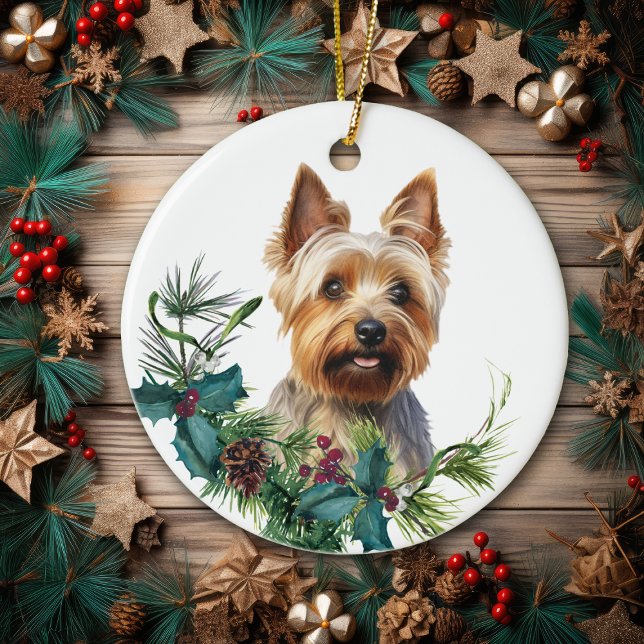 Australian Terrier Dog Portrait Holly Wreath Ceramic Ornament (Creator Uploaded)