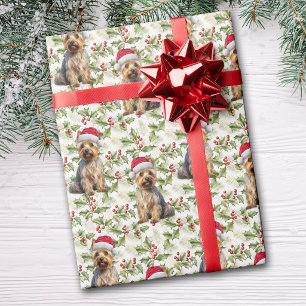 Australian Terrier Dog Santa Hat Christmas Holly Wrapping Paper