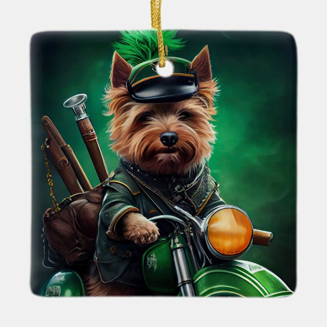 Australian Terrier driving bike St. Patrick's Day Ceramic Ornament (Front)