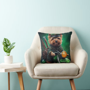 Australian Terrier driving bike St. Patrick's Day Cushion