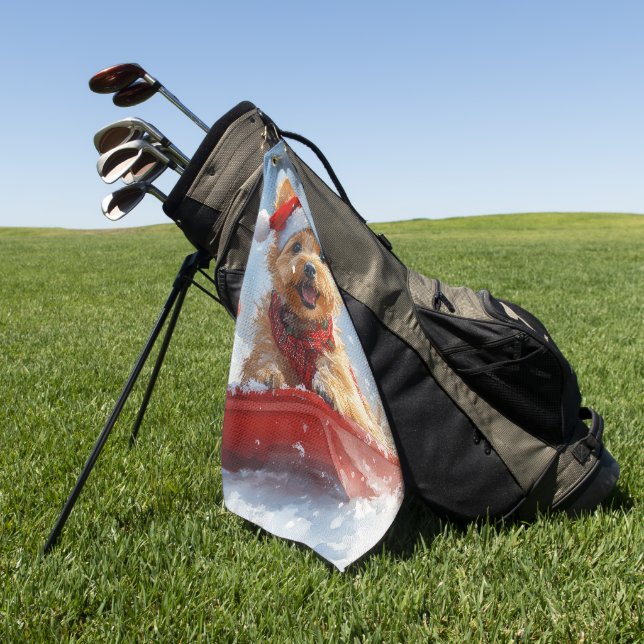 Australian Terrier in Sledge Let it Snow Christmas Golf Towel (Green)