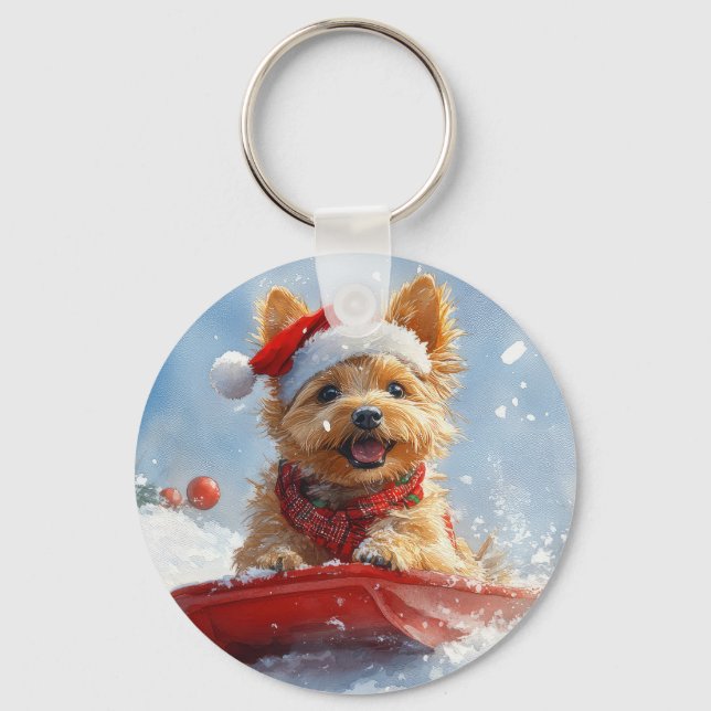 Australian Terrier in Sledge Let it Snow Christmas Key Ring (Front)