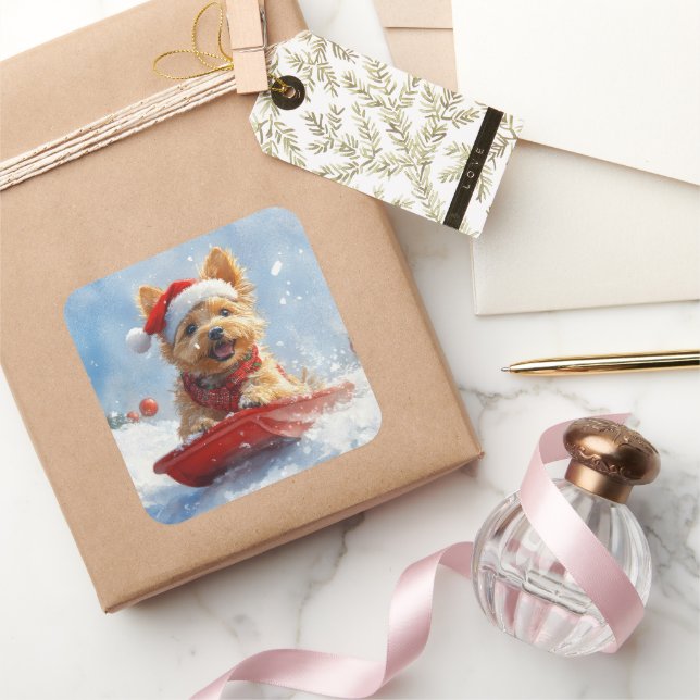 Australian Terrier in Sledge Let it Snow Christmas Square Sticker (Gifting)