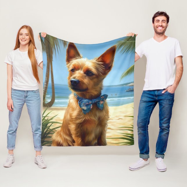 Australian Terrier On Beach dog lover summer gift Fleece Blanket (In Situ)