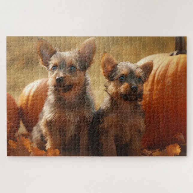 Australian Terrier Puppy Autumn Delight Pumpkin Jigsaw Puzzle (Horizontal)