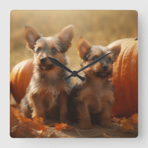 Australian Terrier Puppy Autumn Delight Pumpkin Square Wall Clock