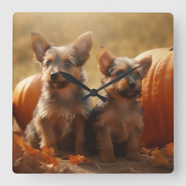 Australian Terrier Puppy Autumn Delight Pumpkin Square Wall Clock (Front)