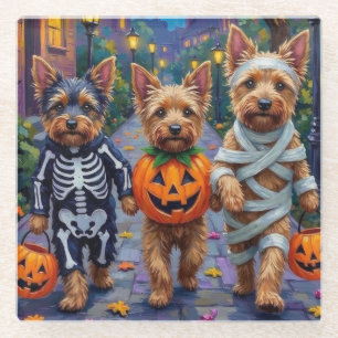 Australian Terrier Trick-or-Treating in Halloween Glass Coaster
