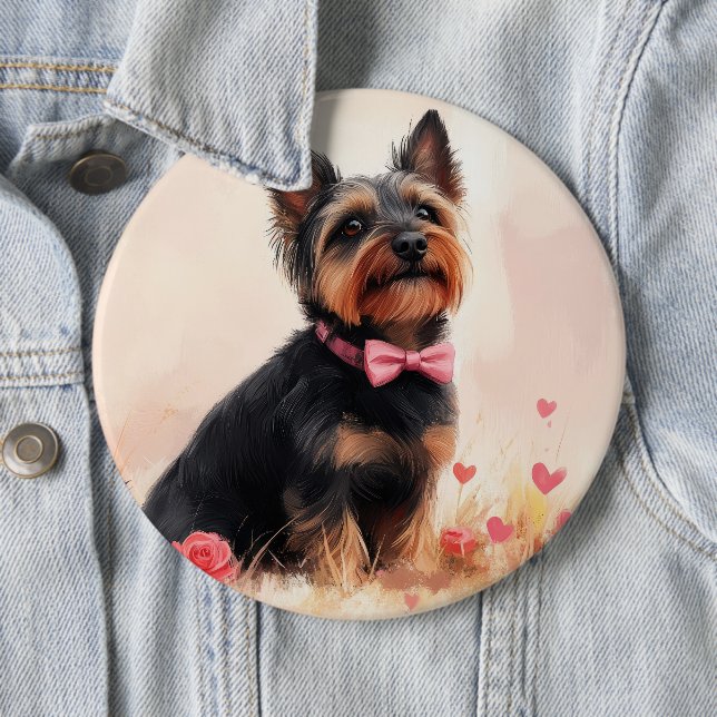 Australian Terrier with Roses - Valentine's Day 6 Cm Round Badge (In Situ)