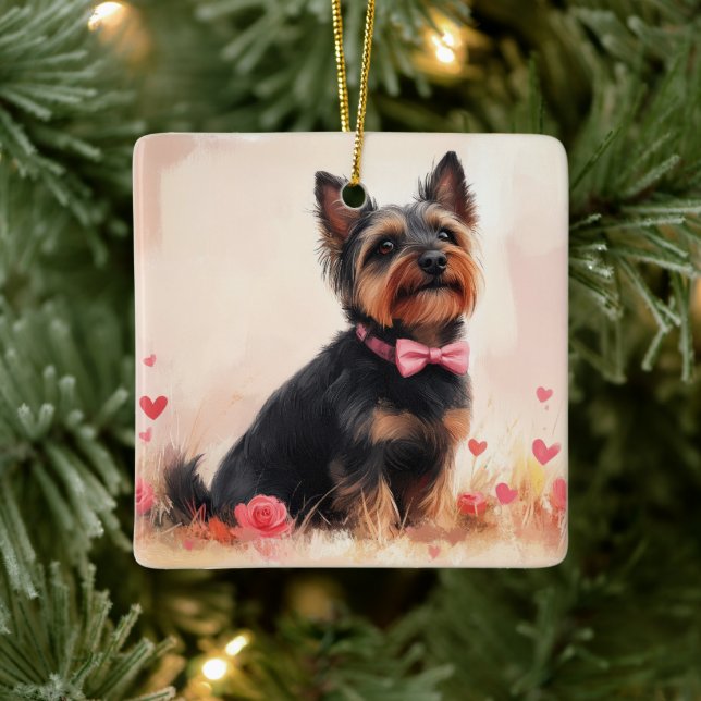 Australian Terrier with Roses - Valentine's Day Ceramic Ornament (Tree)