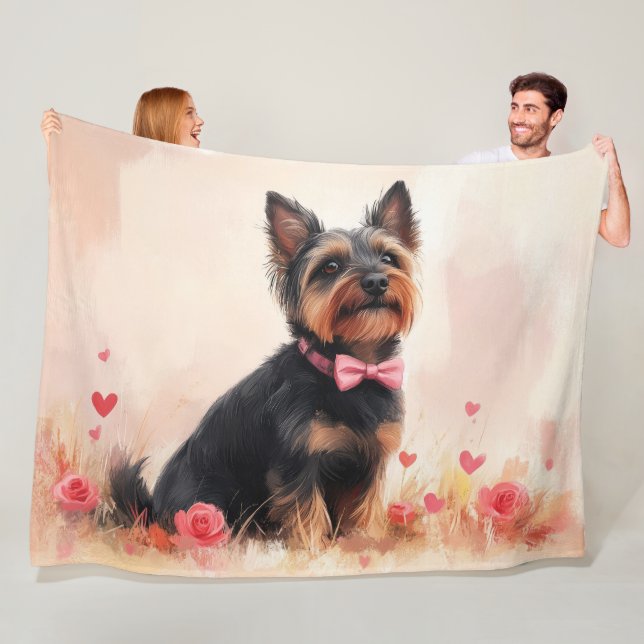 Australian Terrier with Roses - Valentine's Day Fleece Blanket (In Situ)