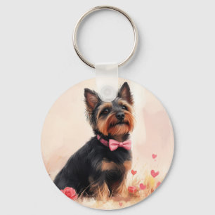 Australian Terrier with Roses - Valentine's Day Key Ring