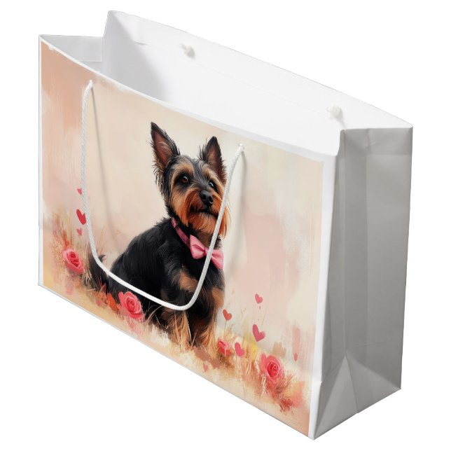 Australian Terrier with Roses - Valentine's Day Large Gift Bag (Front Angled)