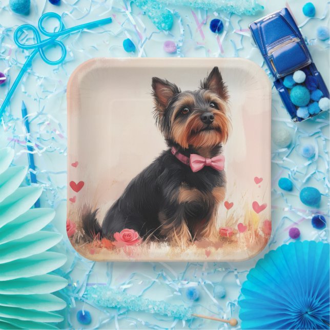 Australian Terrier with Roses - Valentine's Day Paper Plate (Party)