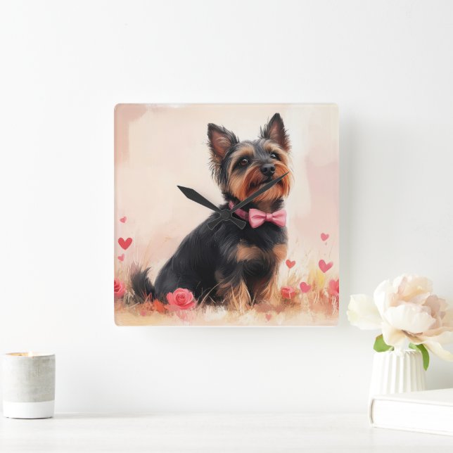 Australian Terrier with Roses - Valentine's Day Square Wall Clock (Home)