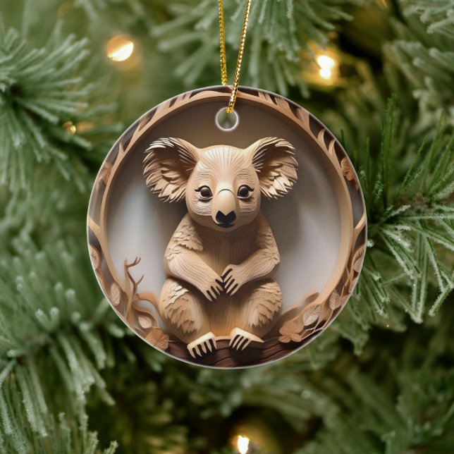 Australian Tree Hugger: Koala Bear Wood Print Ceramic Ornament (Tree)
