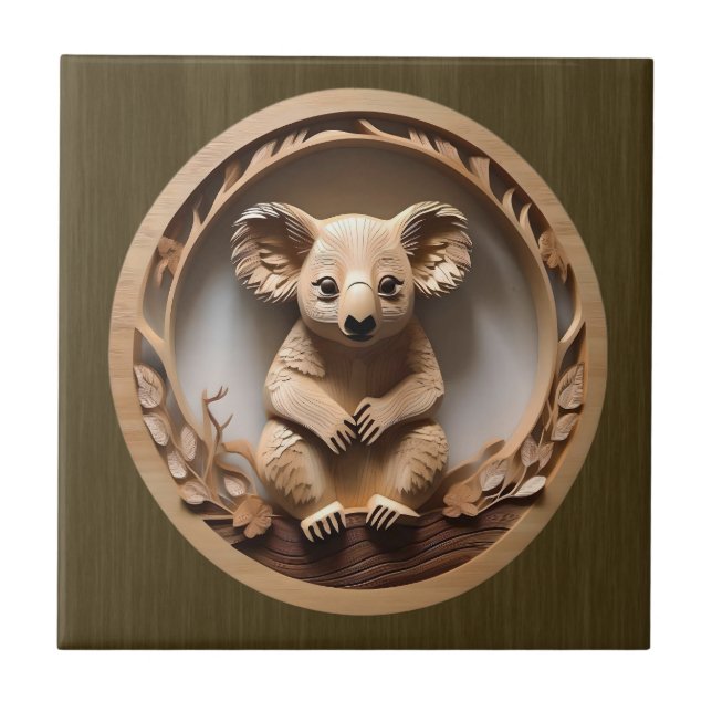 Australian Tree Hugger: Koala Bear Wood Print Ceramic Tile (Front)