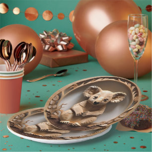 Australian Tree Hugger: Koala Bear Wood Print Paper Plate