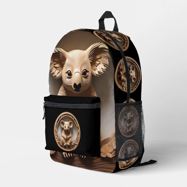 Australian Tree Hugger: Koala Bear Wood Print Printed Backpack (Back Corner Right)