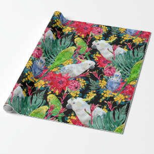 Australian Tropical Parrots Black Wrapping Paper