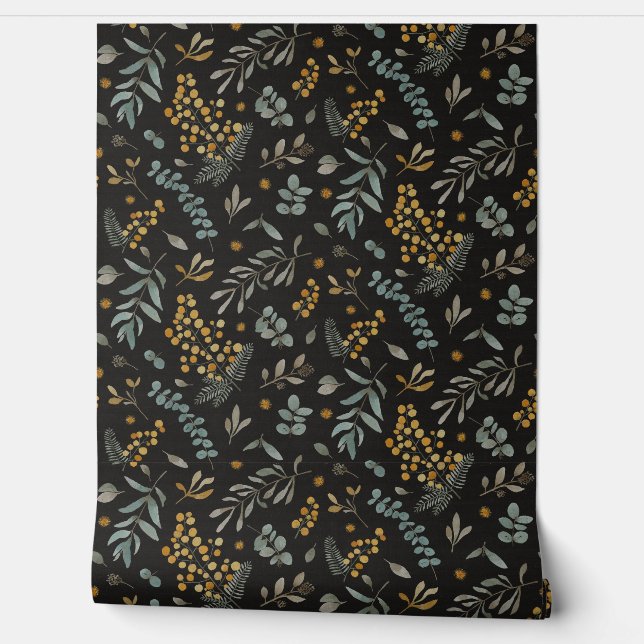 Australian wattle eucalyptus floral black wallpaper (Unrolling)