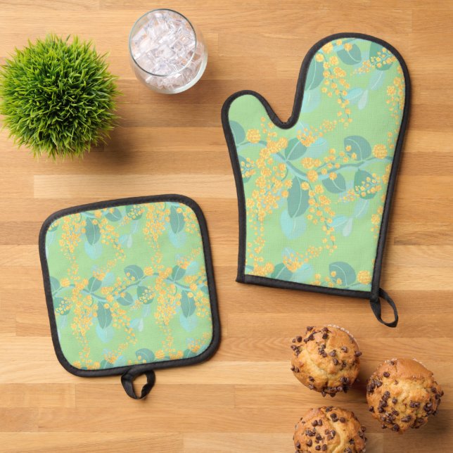 Australian Wattle tree blossoms Oven Mitt & Pot Holder Set (Top Down)