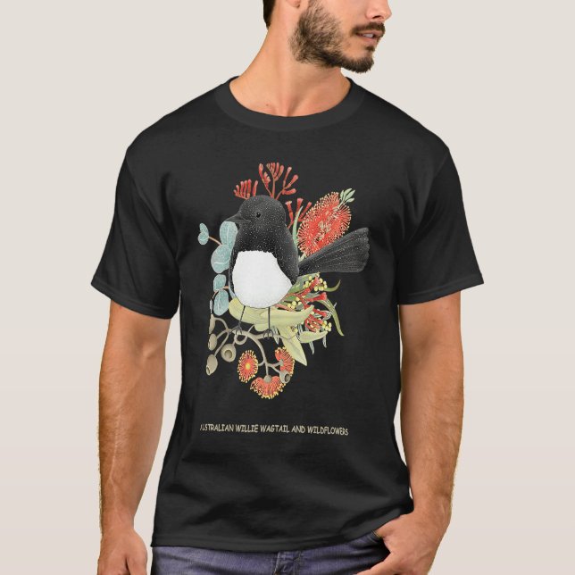 Australian Willie Wagtail and Wildflowers T-Shirt (Front)