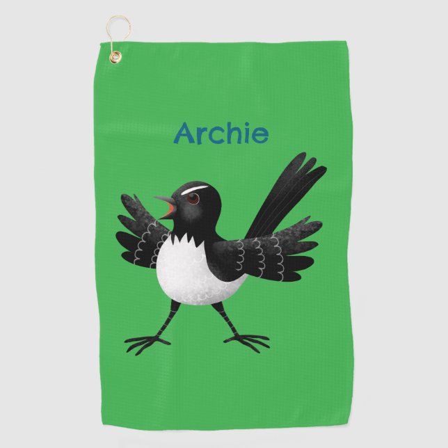 Australian Willie Wagtail cartoon personalised Golf Towel (Front)